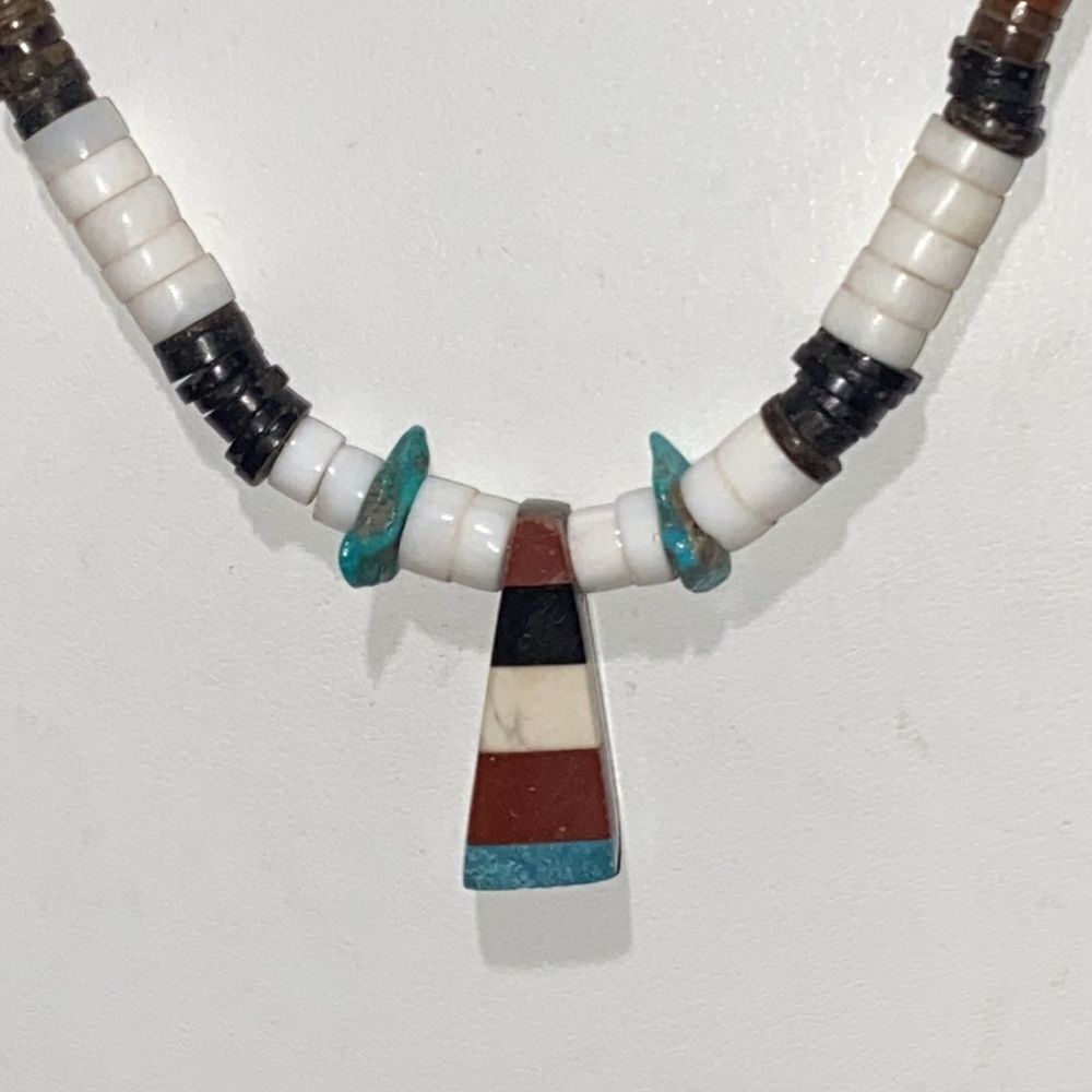 Vintage 70s Santo Domingo Mosaic Pendant with Heishi & Turquoise Beads Necklace